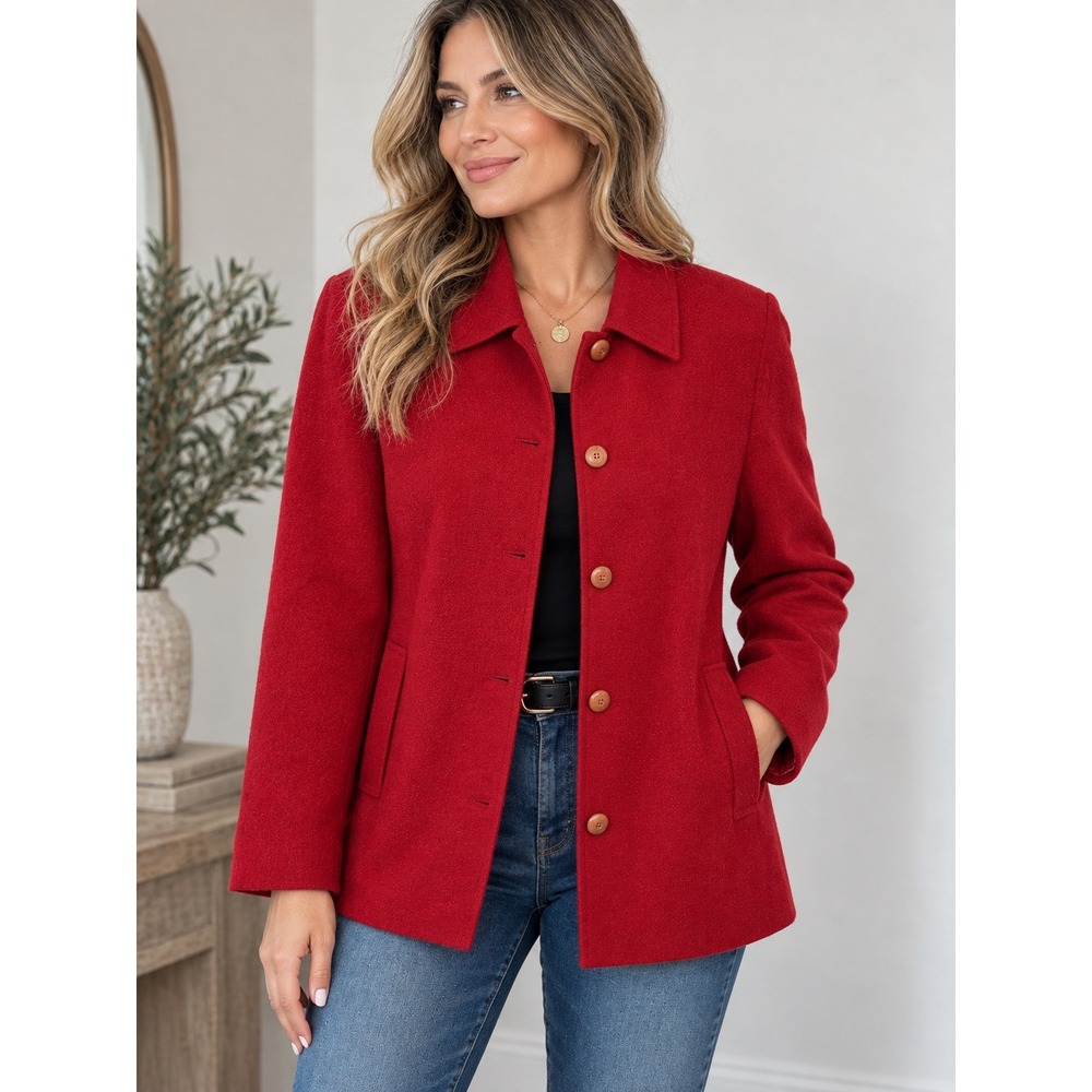 Dana Buchman Wool Jacket Womens 8 Red Good Button Front Textured Coat